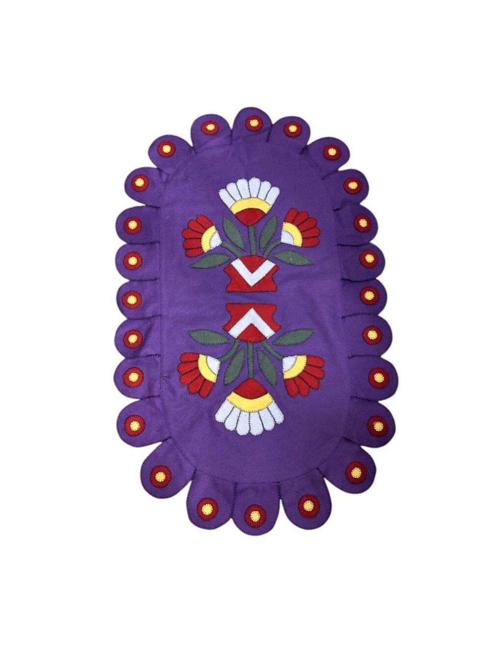Handmade Purple Felt Table Runner Floral Applique Folk Art Scalloped Edge